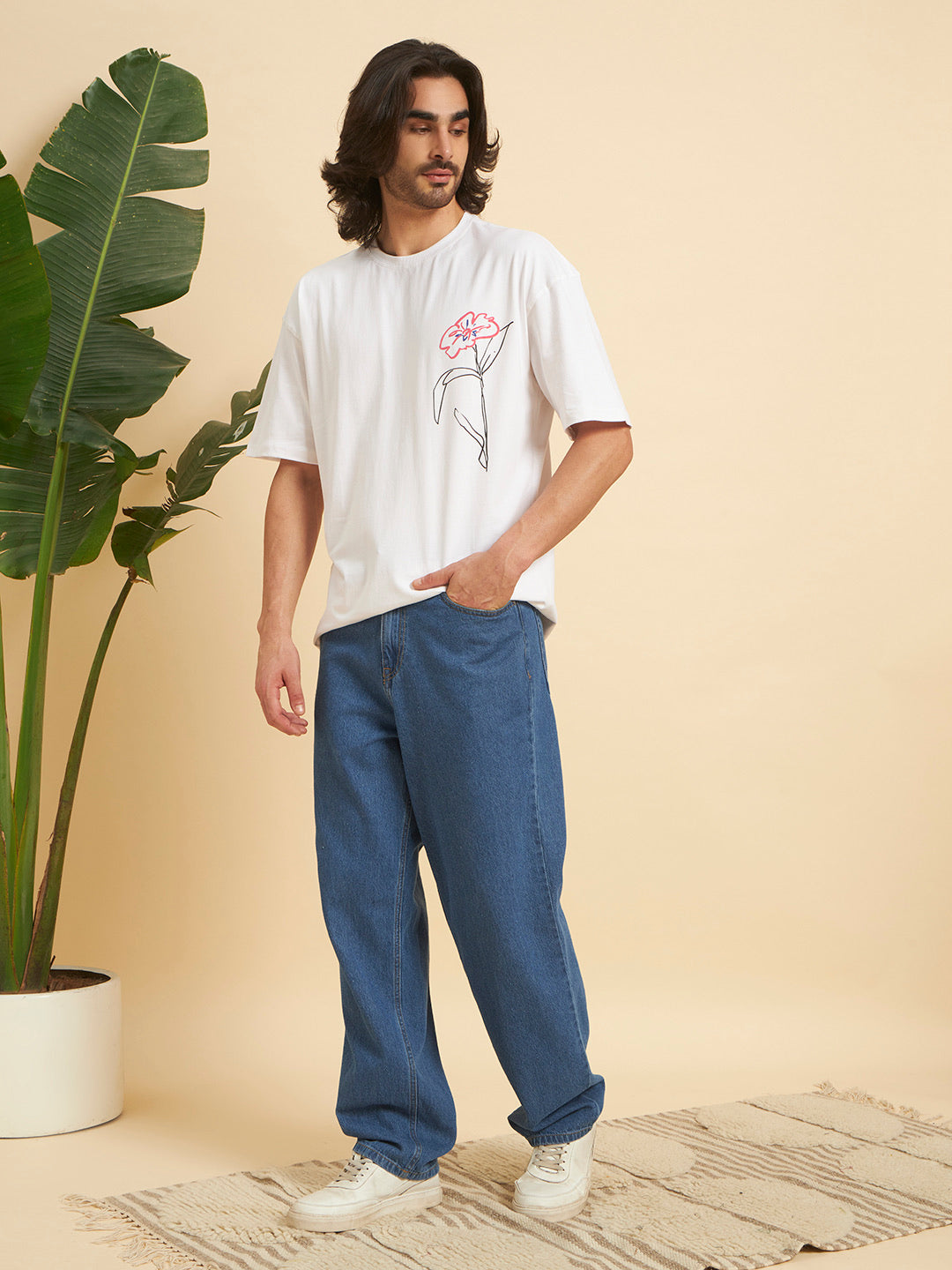 Oversized Premium Cotton T-Shirt – White Floral Line