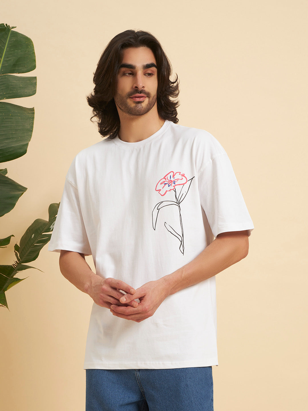 Oversized Premium Cotton T-Shirt – White Floral Line