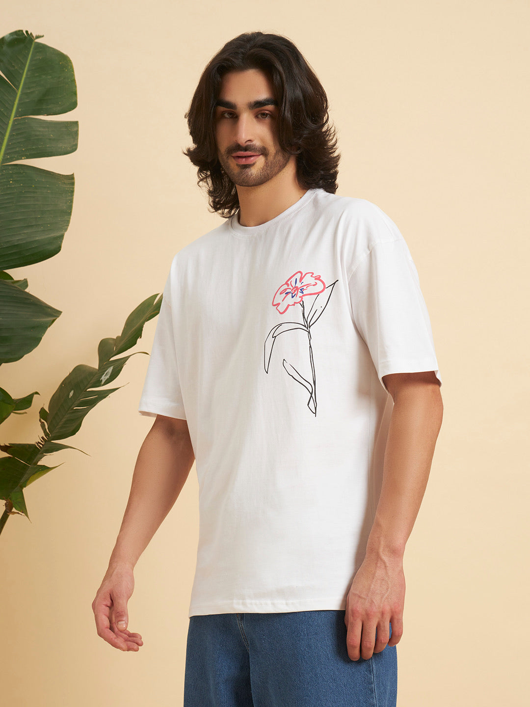 Oversized Premium Cotton T-Shirt – White Floral Line