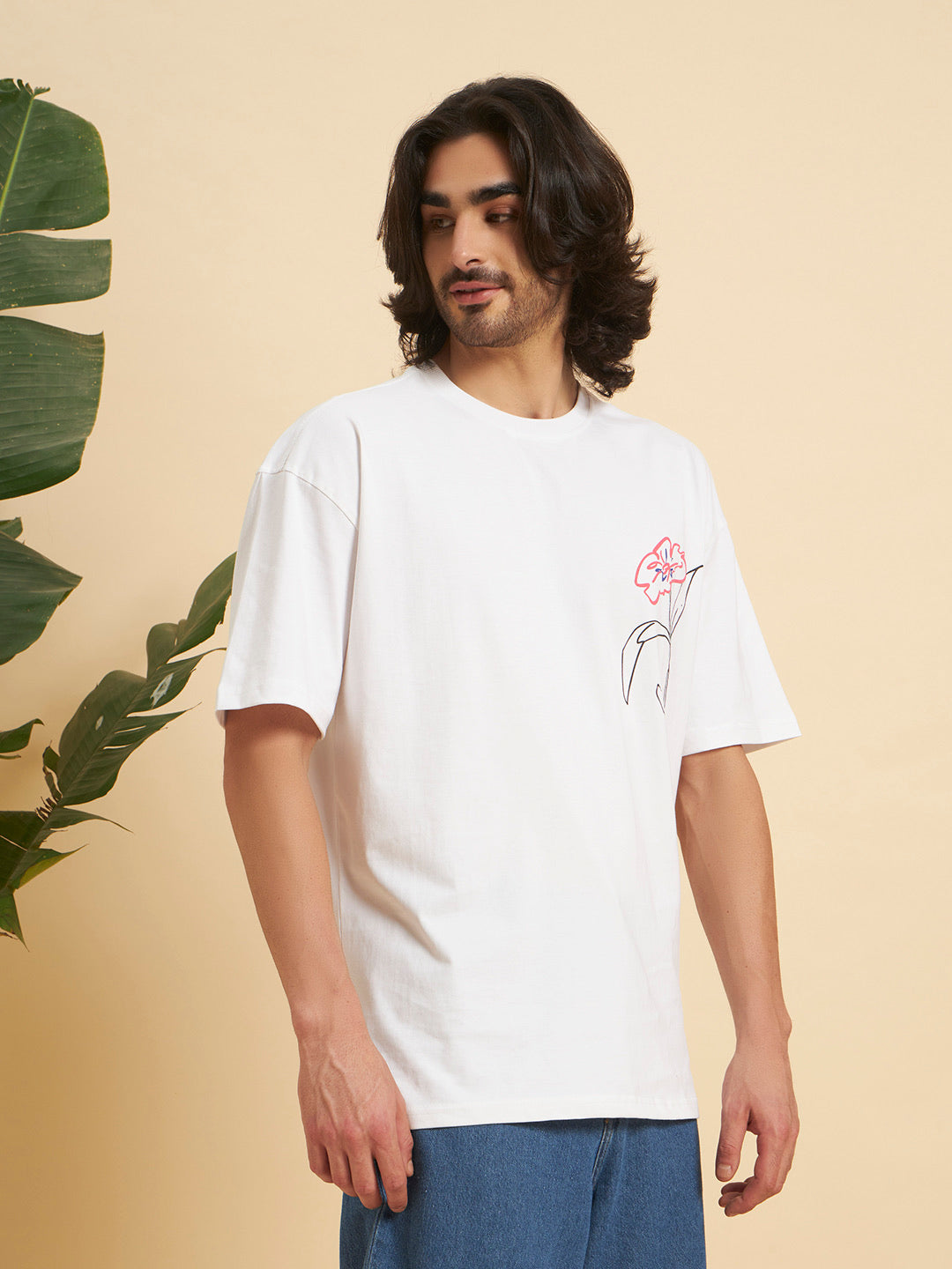 Oversized Premium Cotton T-Shirt – White Floral Line