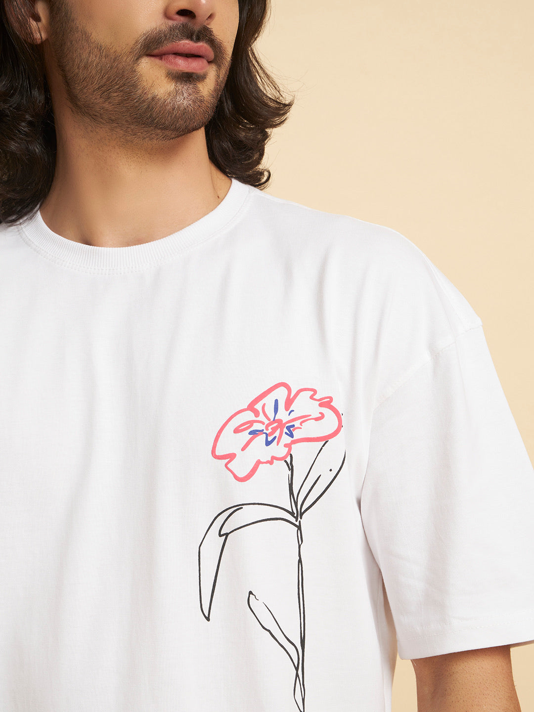 Oversized Premium Cotton T-Shirt – White Floral Line
