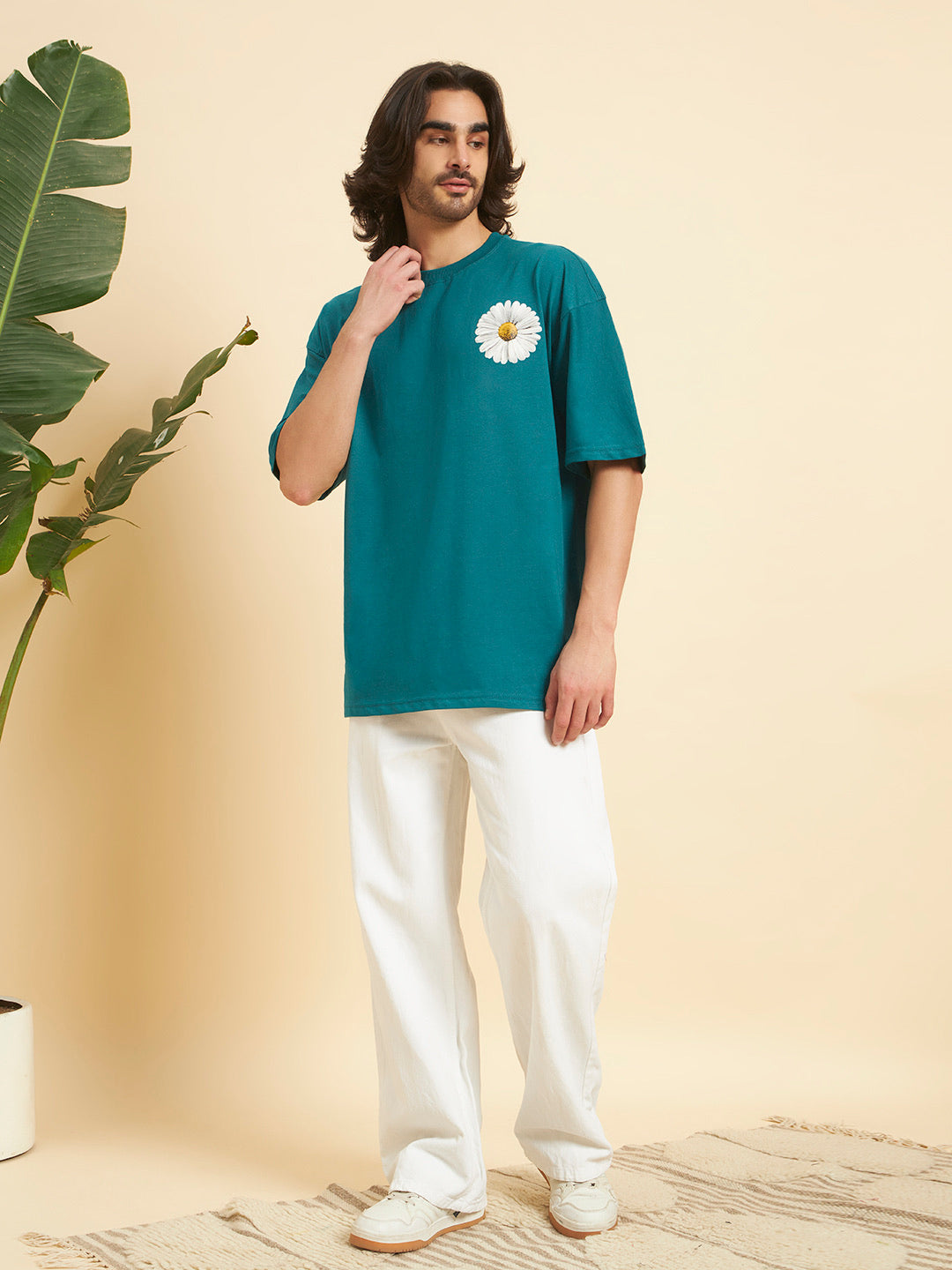 Oversized Premium Cotton T-Shirt – Teal Daisy