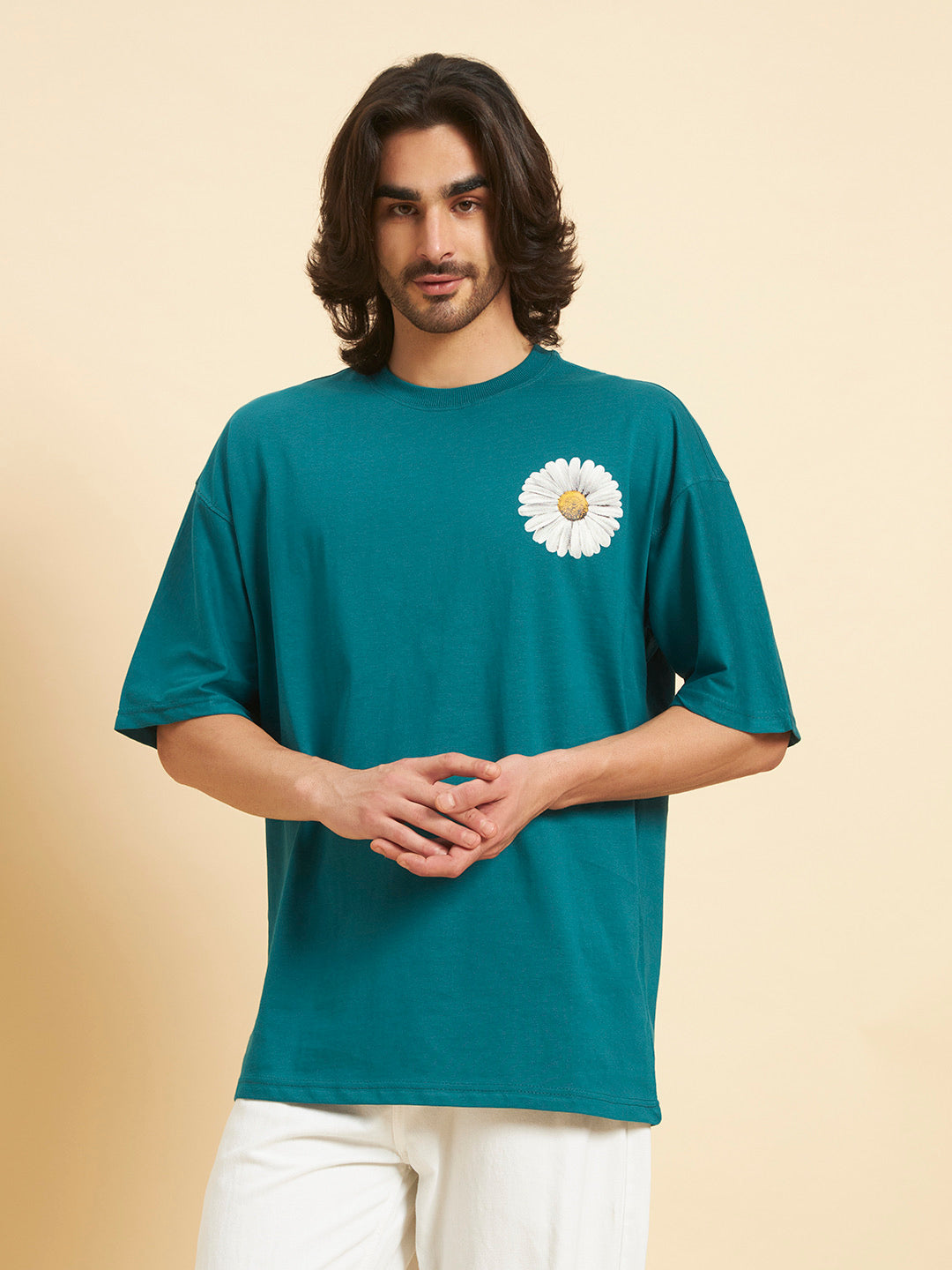 Oversized Premium Cotton T-Shirt – Teal Daisy