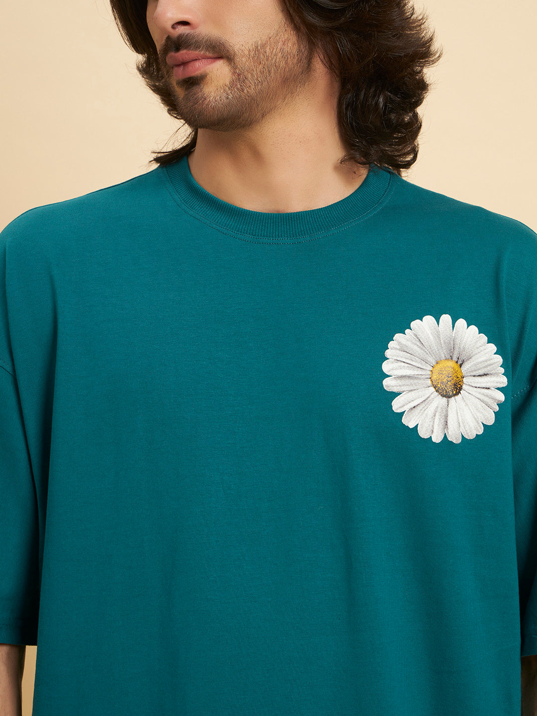 Oversized Premium Cotton T-Shirt – Teal Daisy