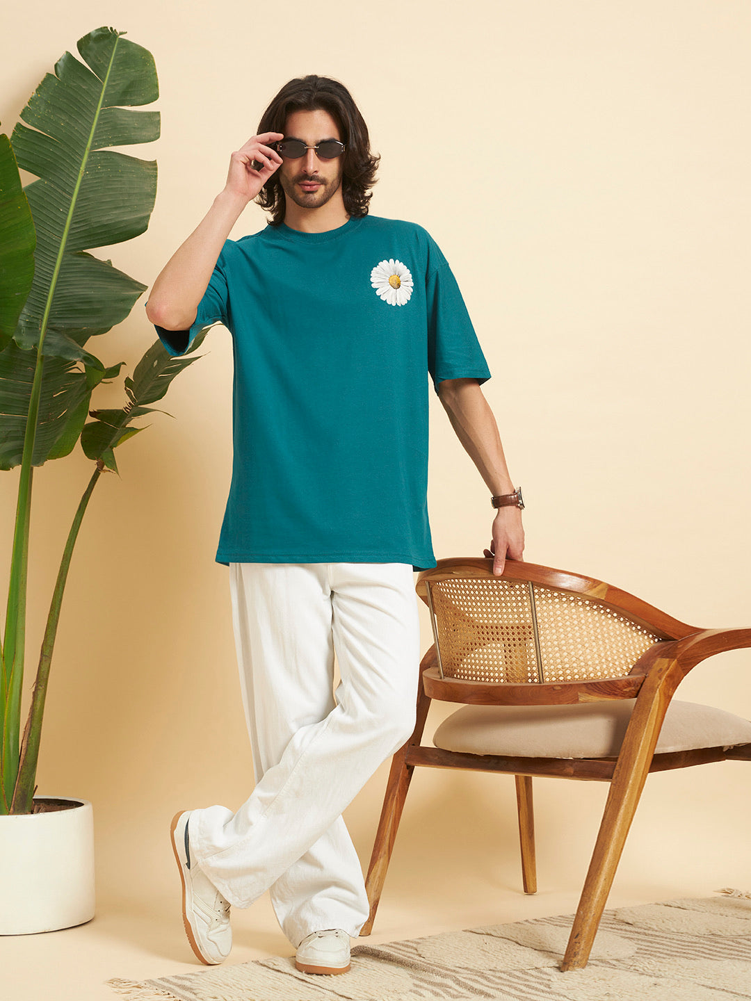 Oversized Premium Cotton T-Shirt – Teal Daisy