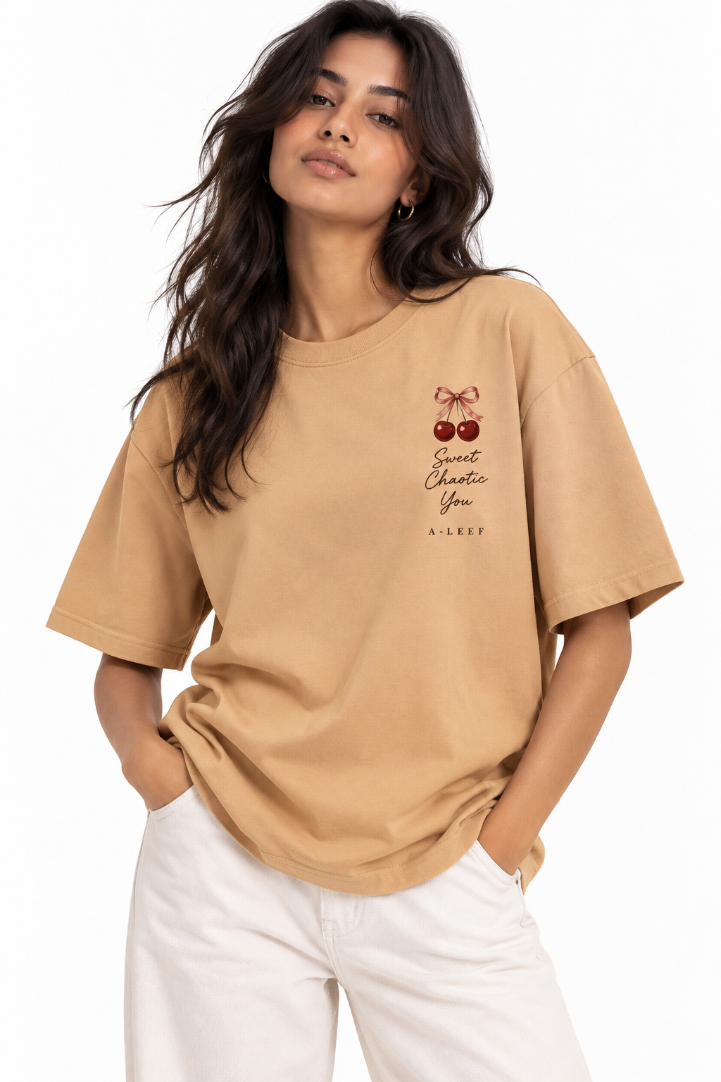 Oversized Premium Cotton T-Shirt – Sand (Her) Cherry