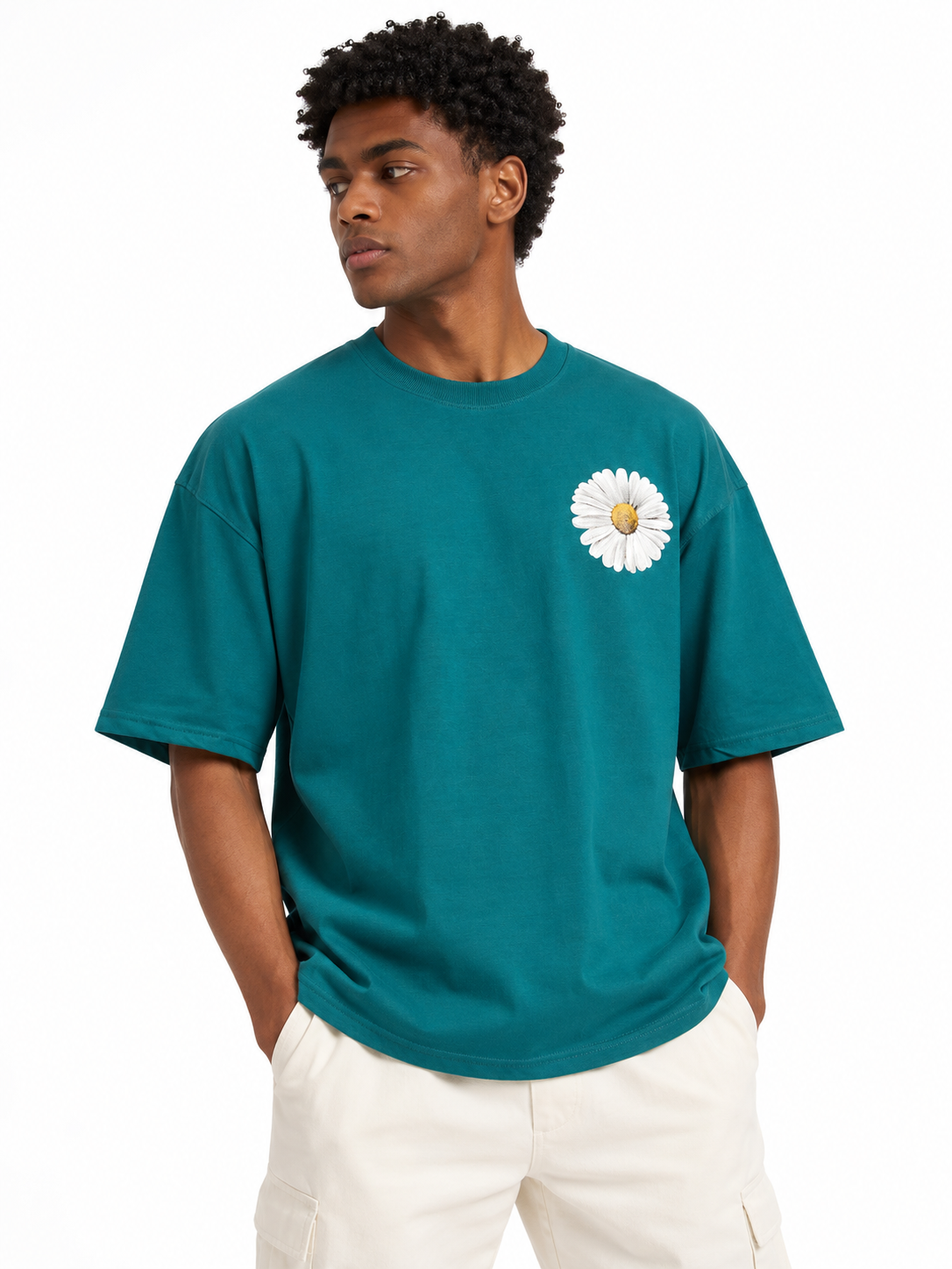 Oversized Premium Cotton T-Shirt – Teal Daisy