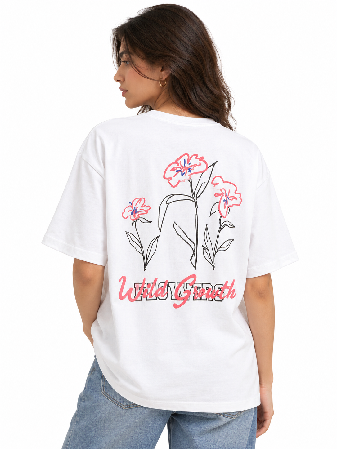 Oversized Premium Cotton T-Shirt – White Floral Line (Her)