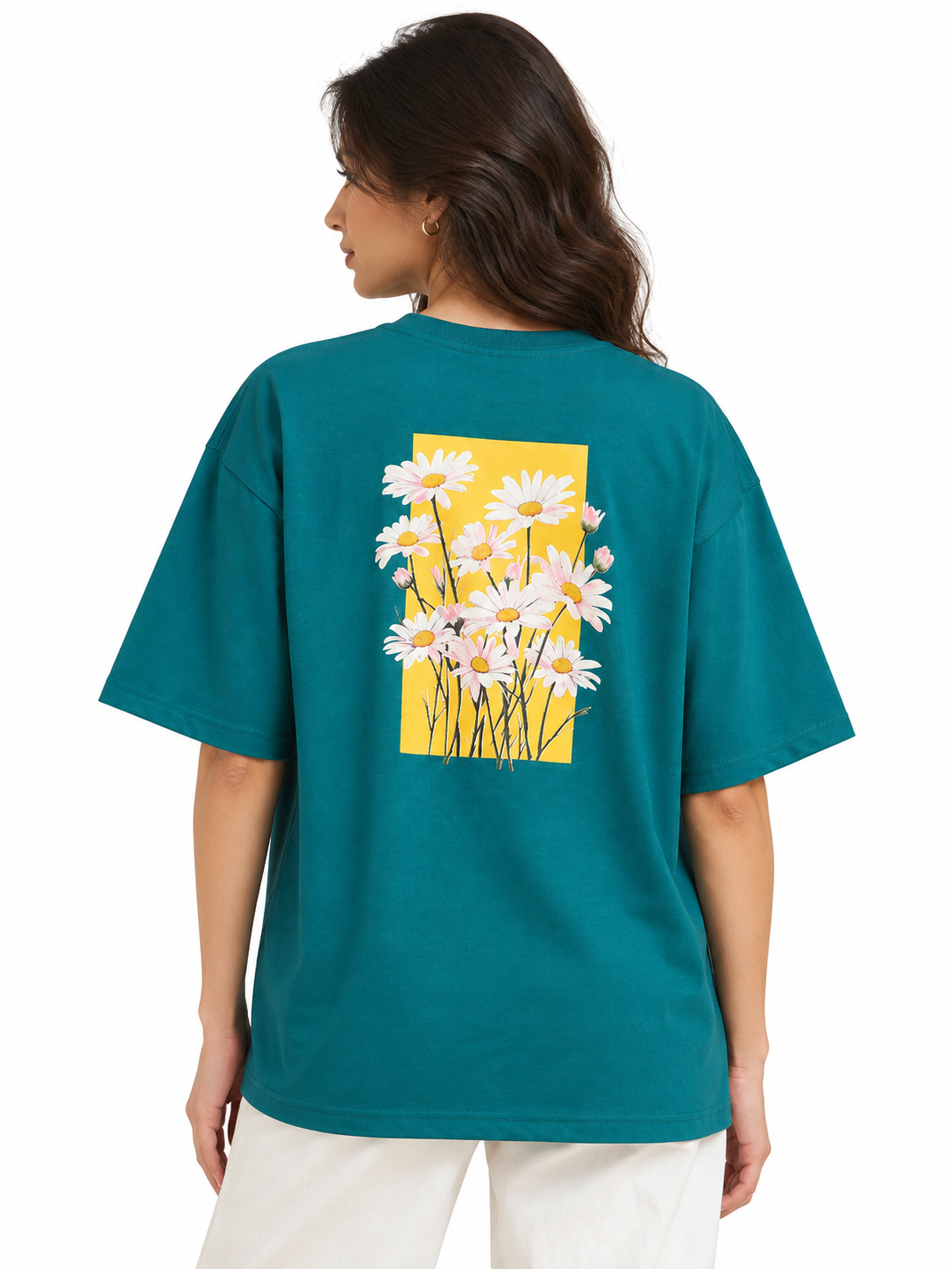Oversized Premium Cotton T-Shirt – Teal Daisy (Her)