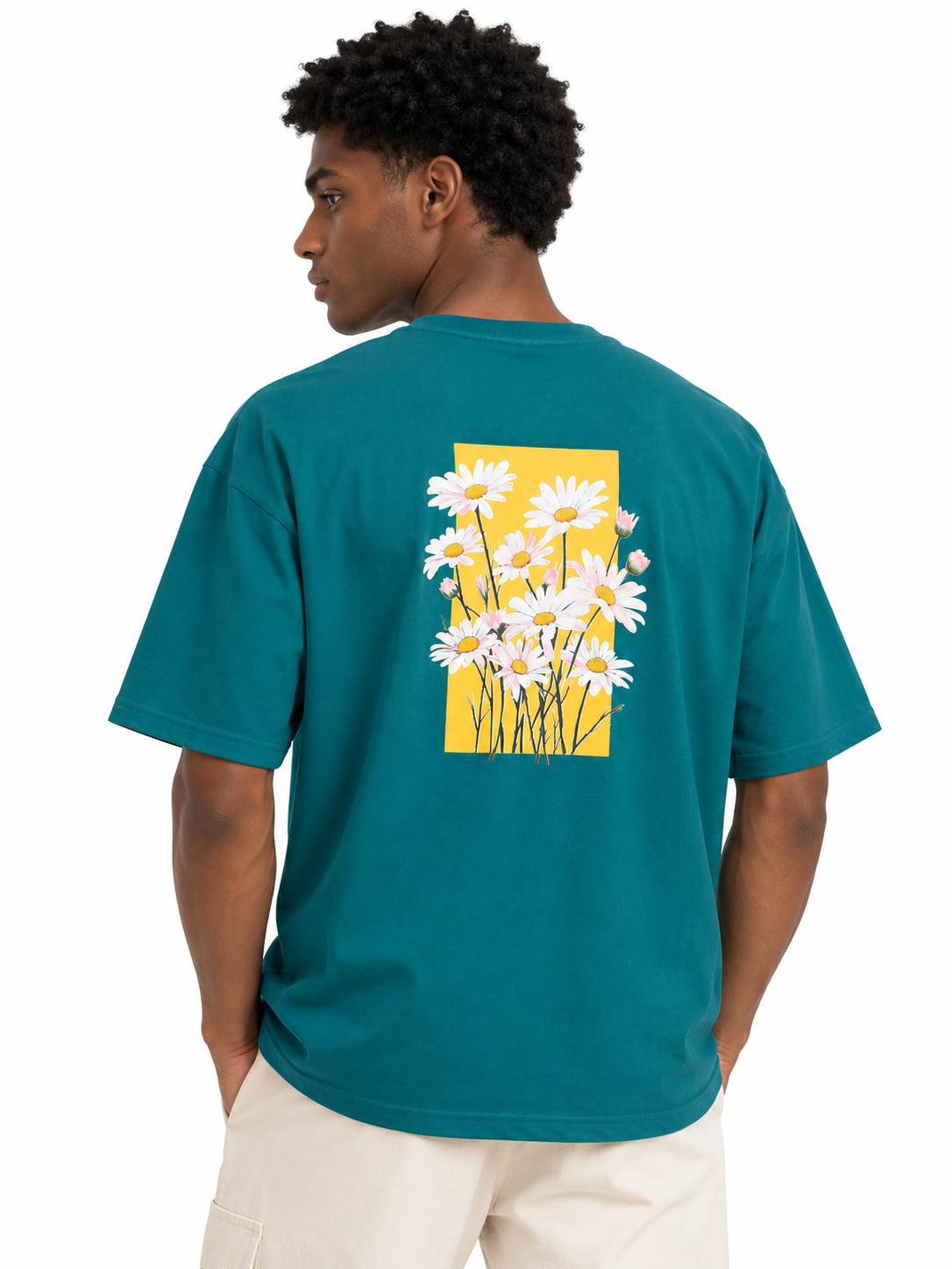 Oversized Premium Cotton T-Shirt – Teal Daisy