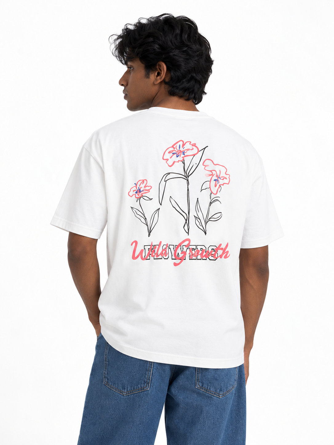 Oversized Premium Cotton T-Shirt – White Floral Line