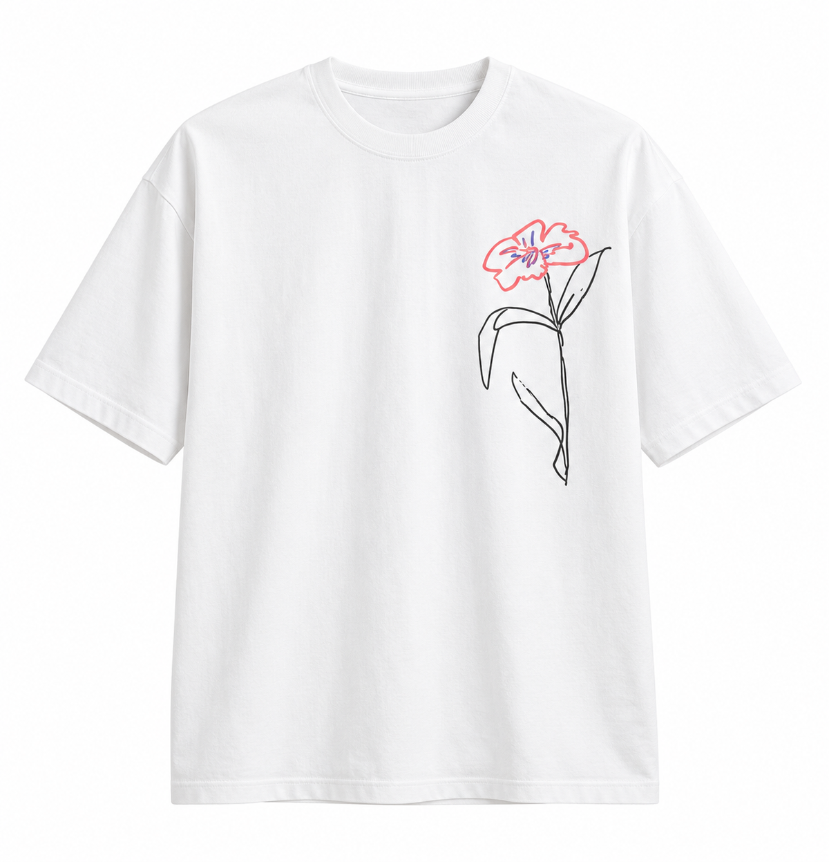 Oversized Premium Cotton T-Shirt – White Floral Line