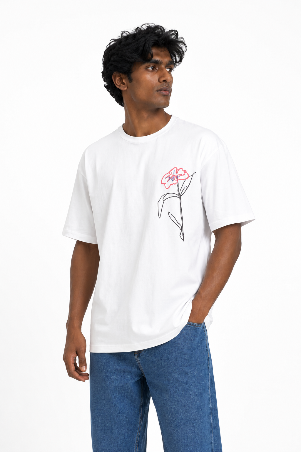 Oversized Premium Cotton T-Shirt – White Floral Line